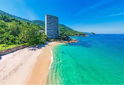 Beach and coastline view of Puerto Vallarta, leading dental vacation destination.