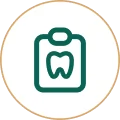 Green line-art icon of a medical clipboard featuring a tooth symbol in the center, enclosed in a thin gold circle.